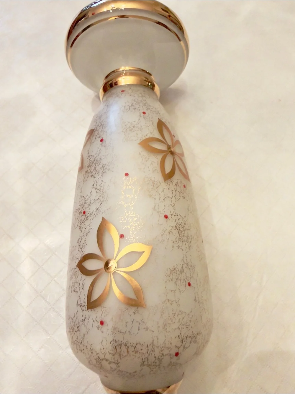 White opaline/milk glass gilded (gold) flower speckled gold stippling red dots